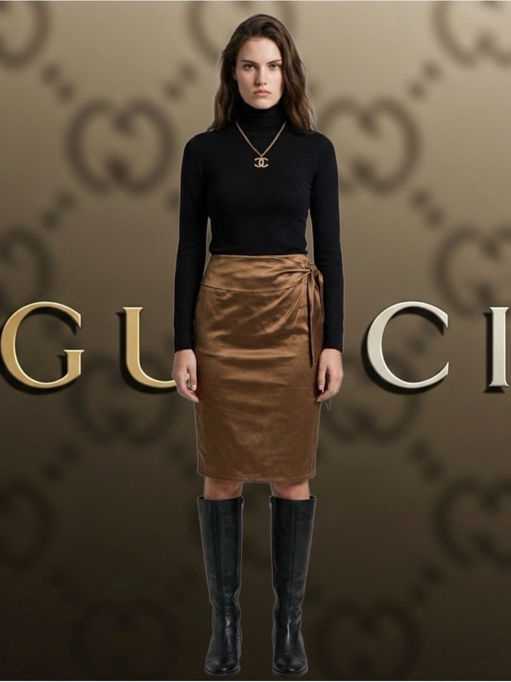 Gucci Brown Satin Wrap Pencil Skirt sz 38